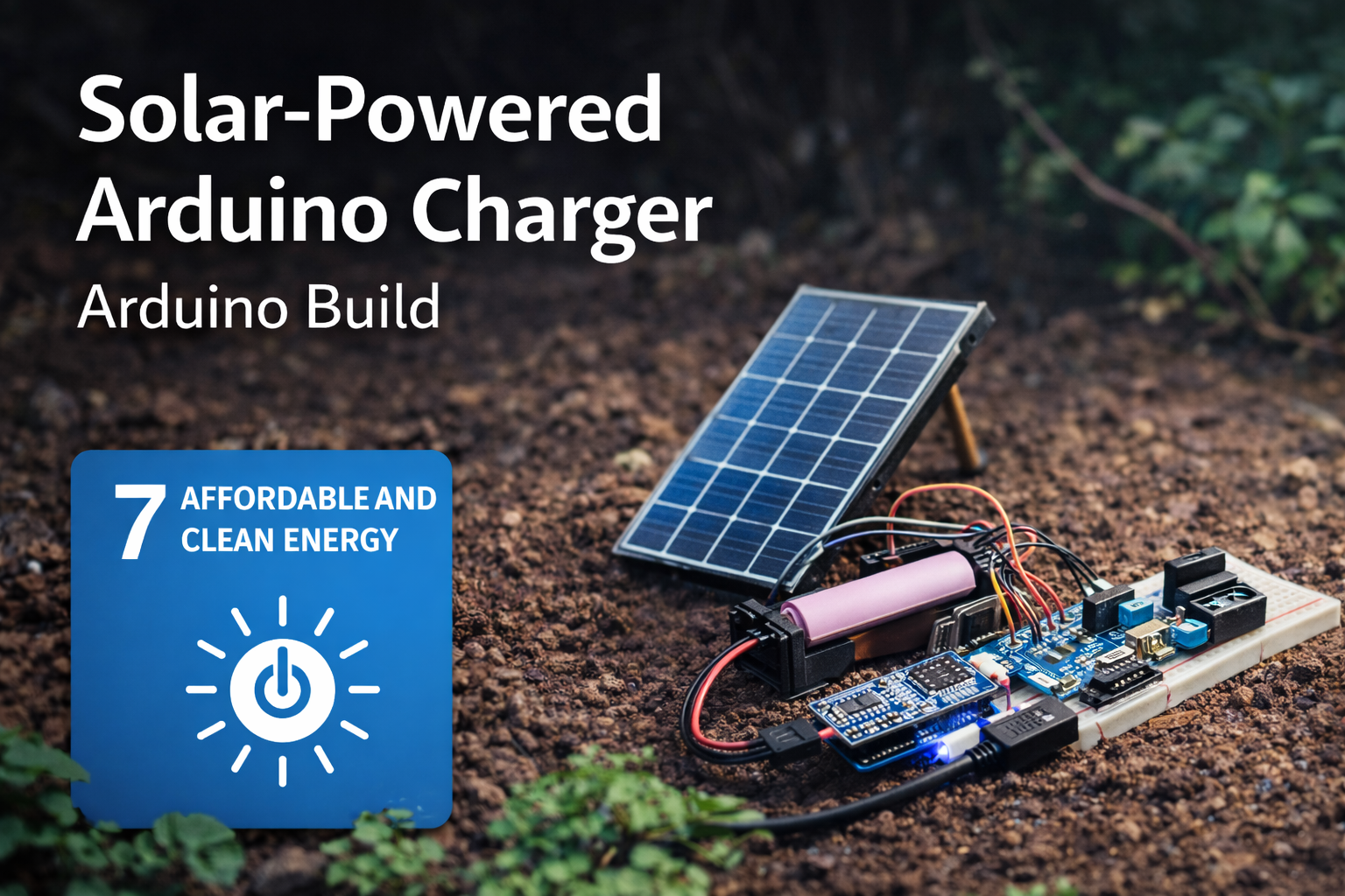 Solar powered Arduino charger with solar panel, lithium battery, and charging module demonstrating a renewable energy prototype aligned with SDG 7