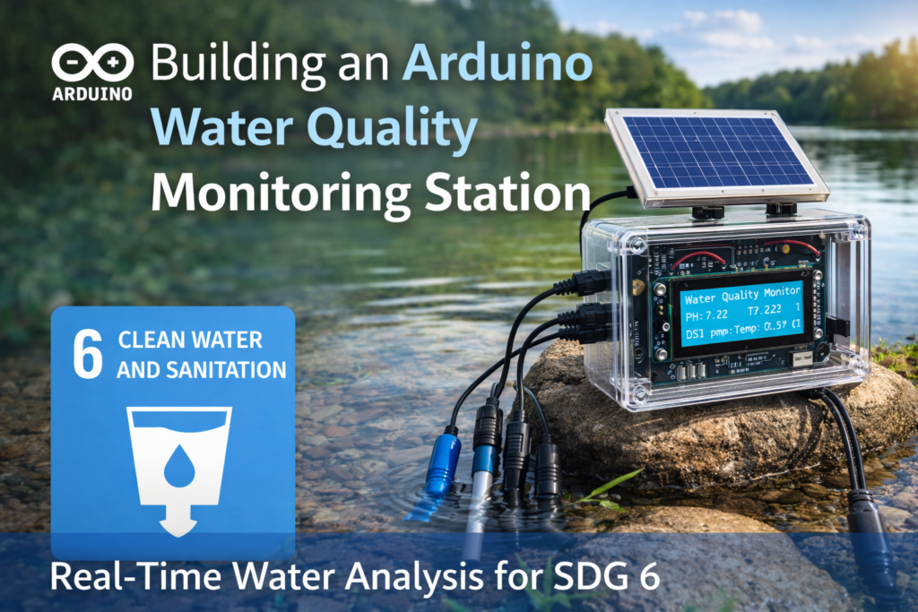 Arduino water quality monitoring station with pH, temperature, and conductivity sensors measuring lake conditions to support UN Sustainable Development Goal 6 Clean Water and Sanitation.