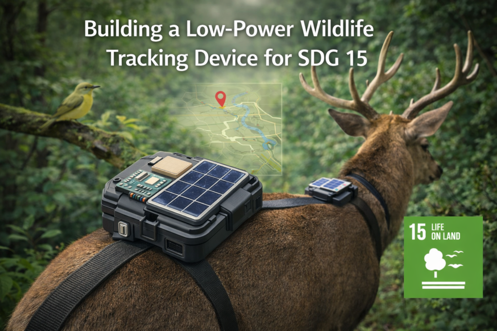 Low-power wildlife tracking device prototype using Arduino GPS and solar power mounted on a deer collar to monitor animal movement supporting UN Sustainable Development Goal 15 Life on Land.