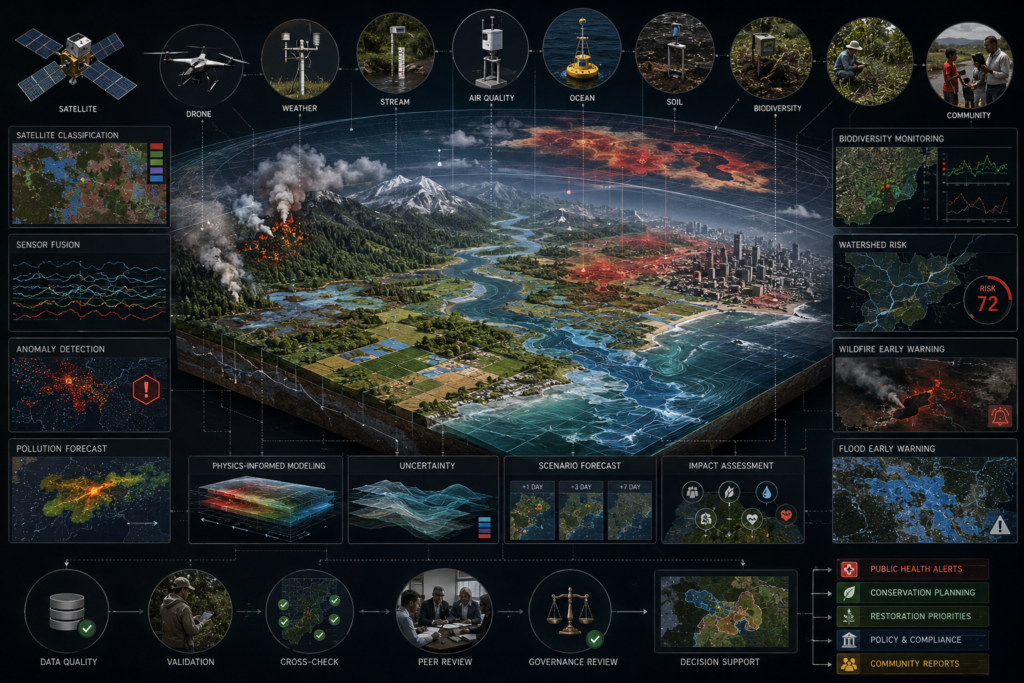 AI-enabled environmental monitoring system showing satellites, drones, weather stations, stream gauges, air-quality sensors, ocean buoys, biodiversity surveys, remote sensing, anomaly detection, uncertainty analysis, early warning, environmental justice review, and governance across a connected Earth-system landscape.