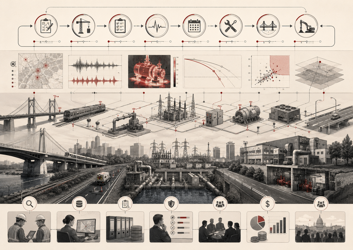 Illustration of infrastructure asset management and predictive maintenance showing bridges, rail, pipes, substations, industrial equipment, sensors, analytics layers, and lifecycle stewardship processes.
