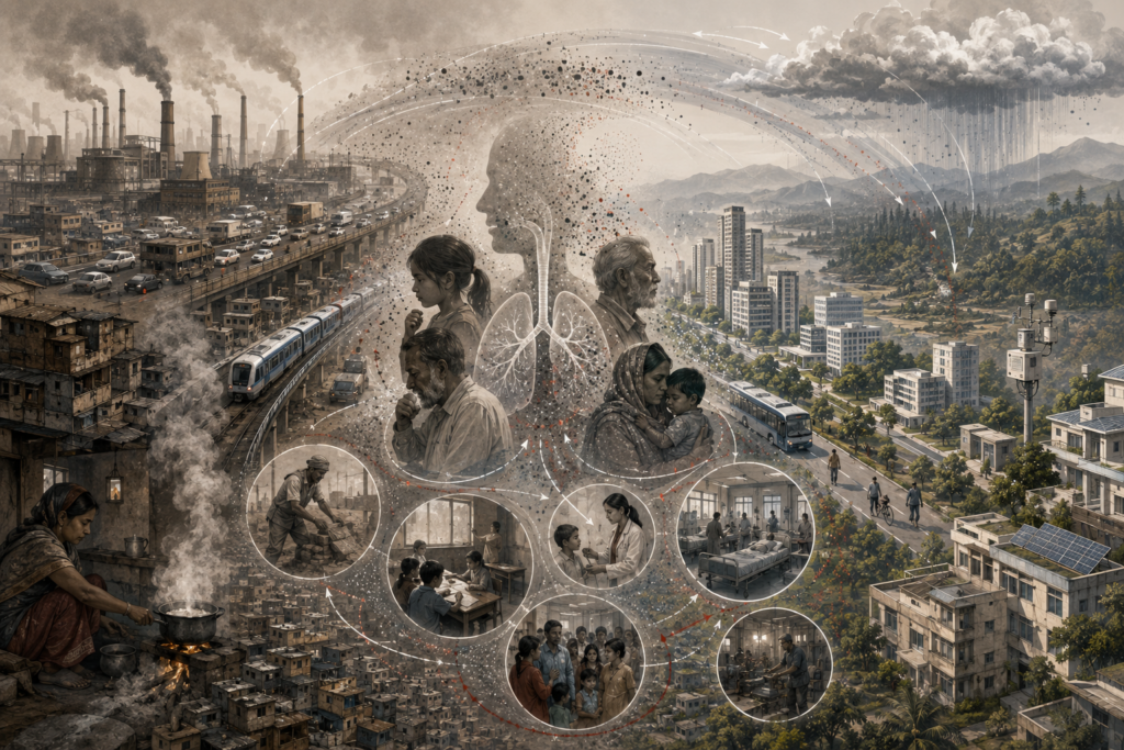 Editorial sustainability illustration showing atmospheric aerosols and air pollution linking industry, traffic, household fuel use, urban inequality, public transit, health impacts, monitoring systems, and cleaner development pathways.
