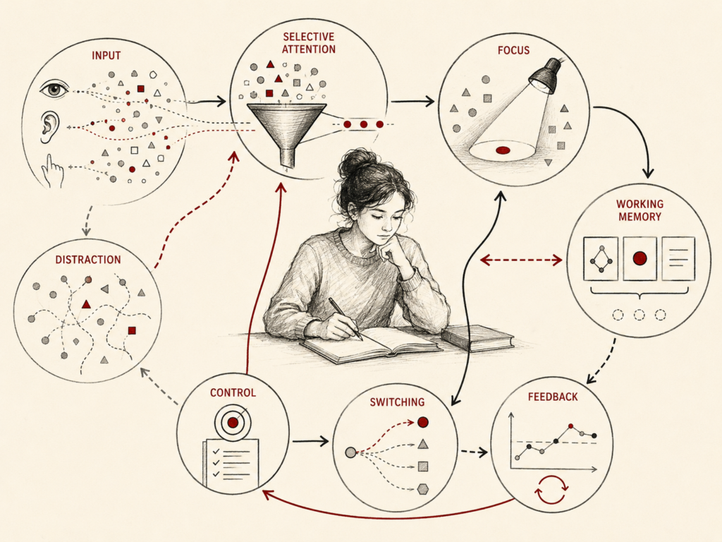 Restrained institutional research illustration showing attention as a cognitive process that filters sensory input, suppresses distraction, directs focus, supports working memory, controls switching, and uses feedback to guide information processing.