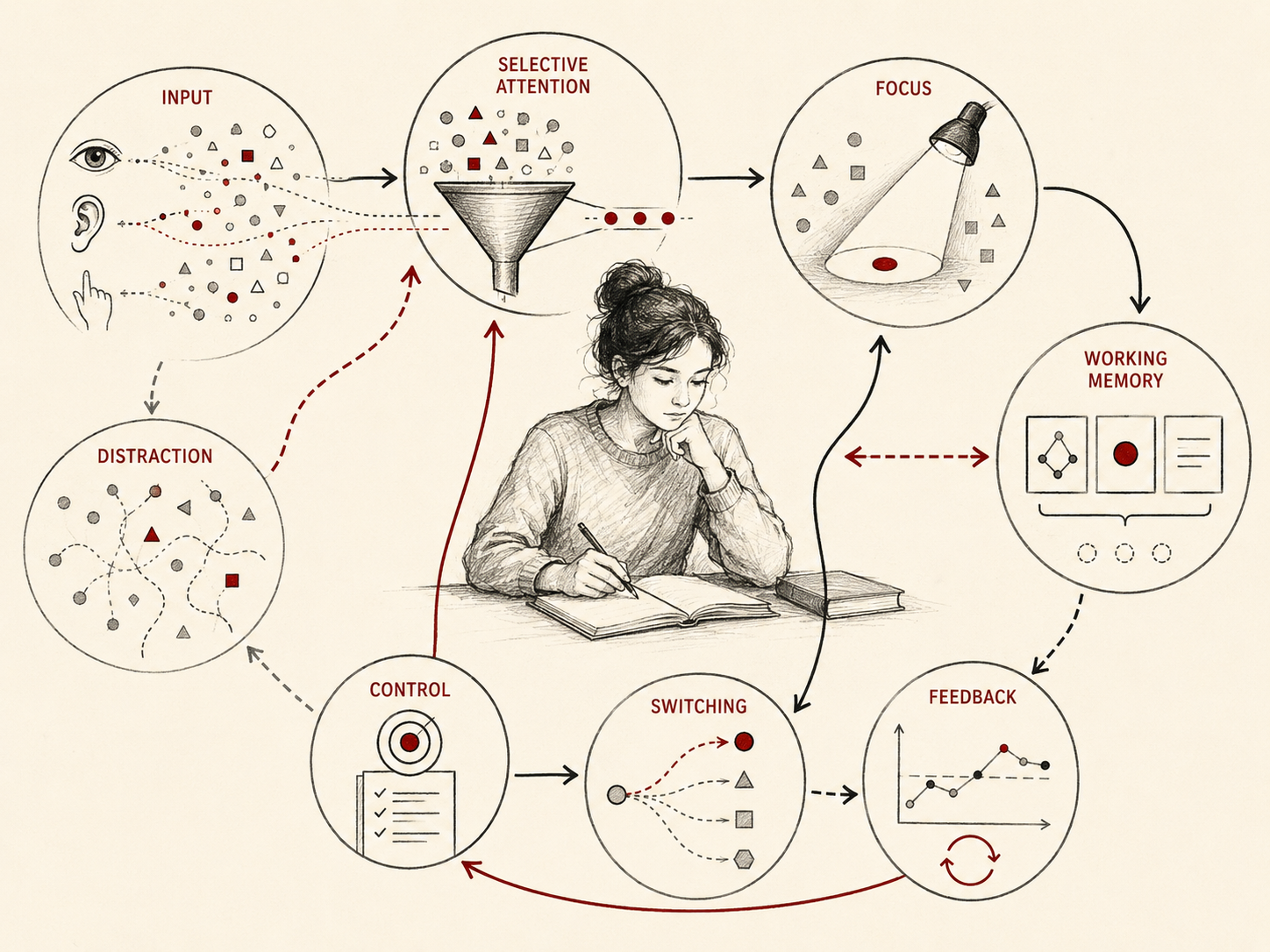 Restrained institutional research illustration showing attention as a cognitive process that filters sensory input, suppresses distraction, directs focus, supports working memory, controls switching, and uses feedback to guide information processing.