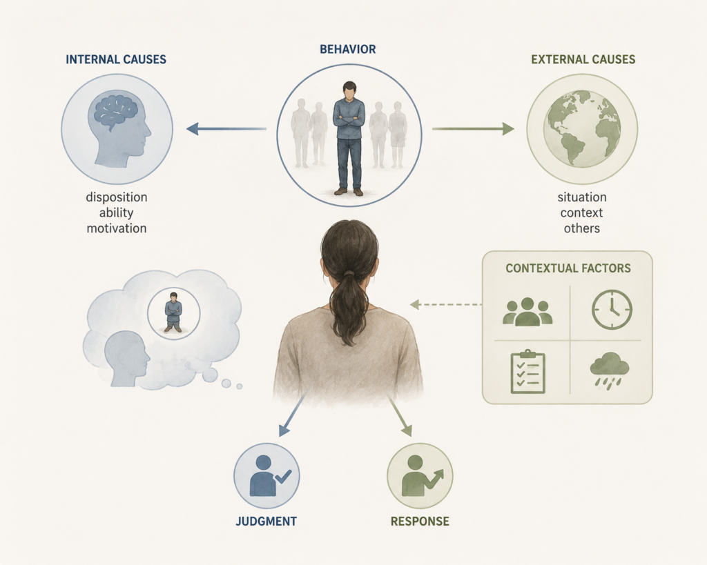 Minimal institutional research illustration showing attribution theory as a process in which observed behavior is interpreted through internal causes, external causes, contextual factors, judgment, and response.