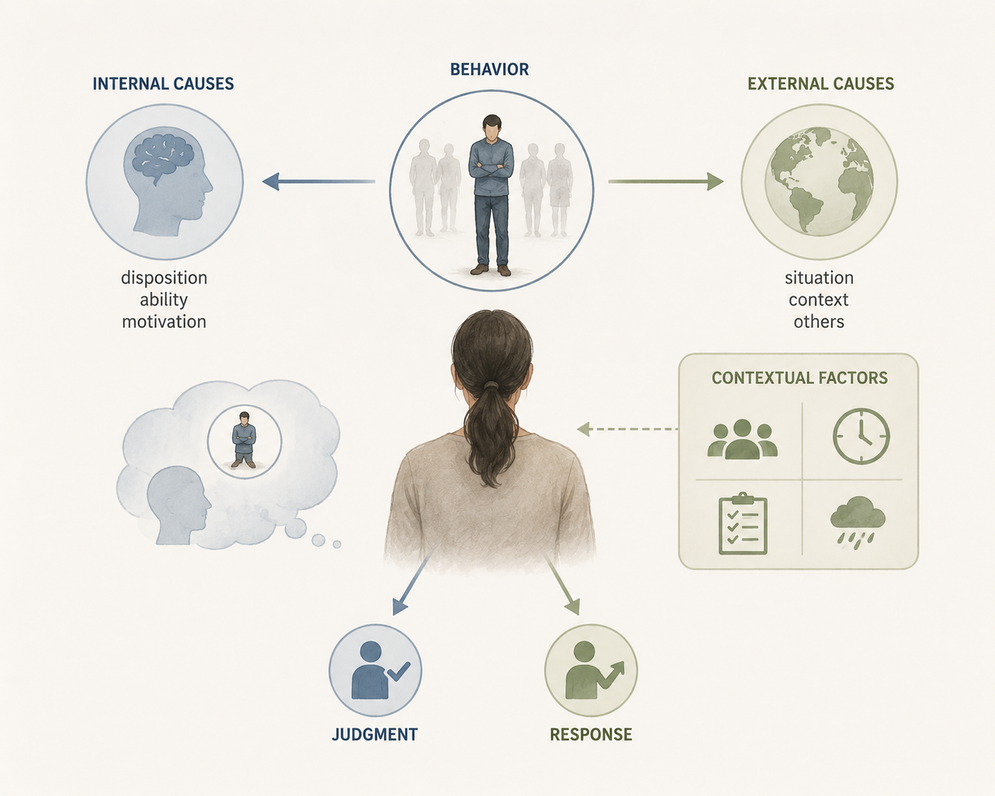 Minimal institutional research illustration showing attribution theory as a process in which observed behavior is interpreted through internal causes, external causes, contextual factors, judgment, and response.