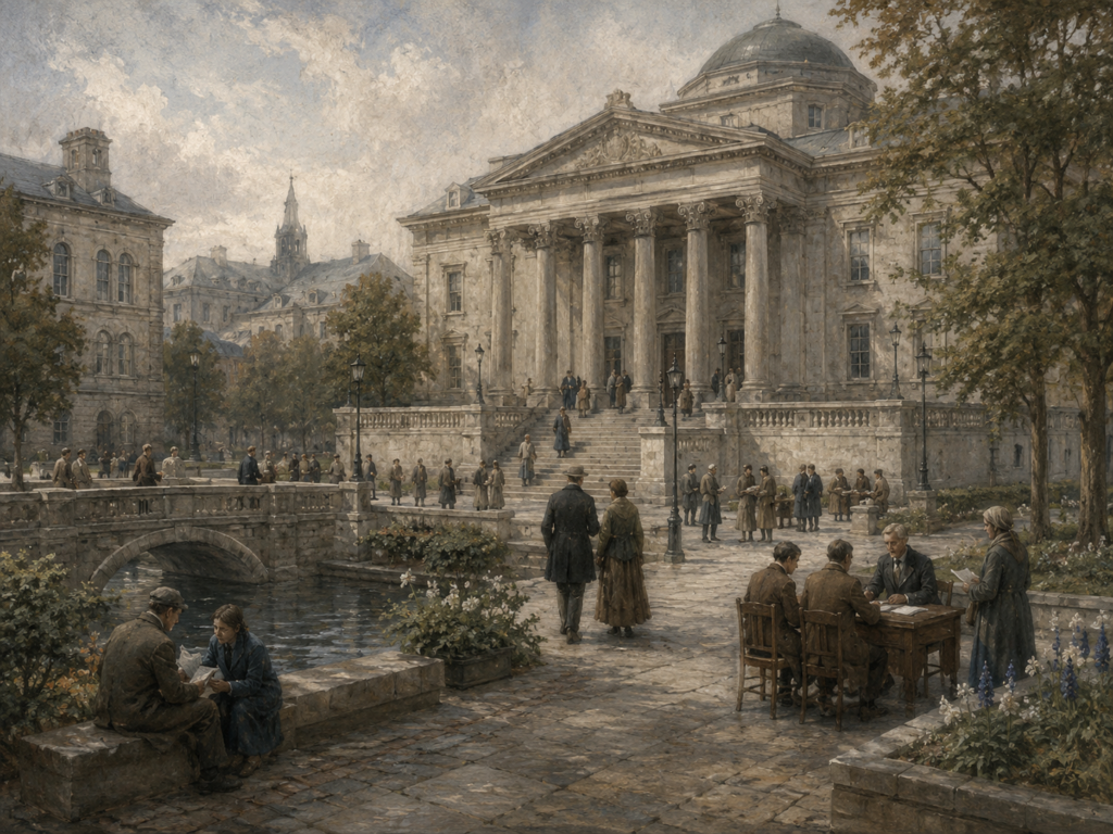 Restrained civic illustration of people gathering near a formal institutional building, with public discussion, document review, and quiet patterns of civic order.