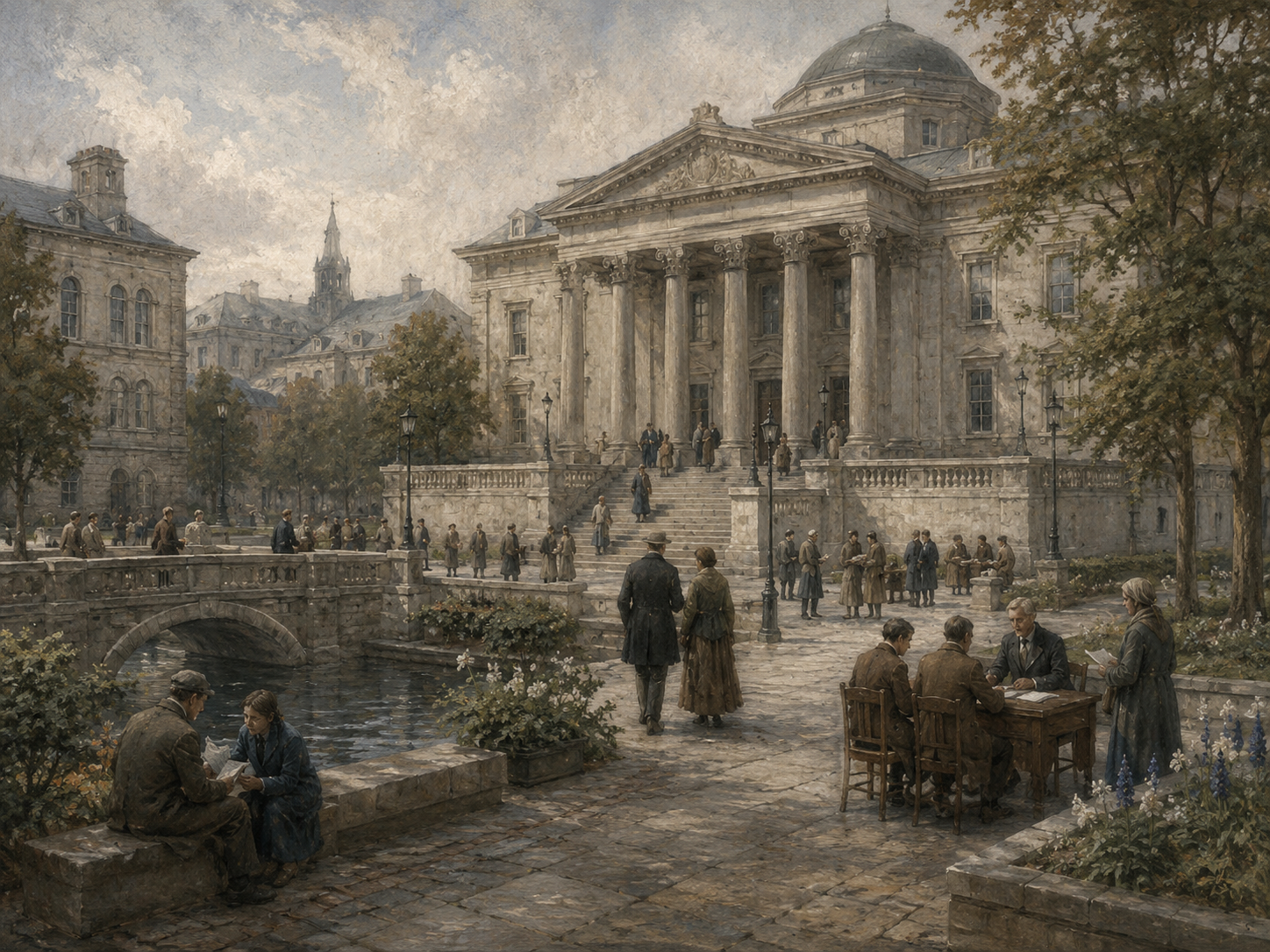 Restrained civic illustration of people gathering near a formal institutional building, with public discussion, document review, and quiet patterns of civic order.