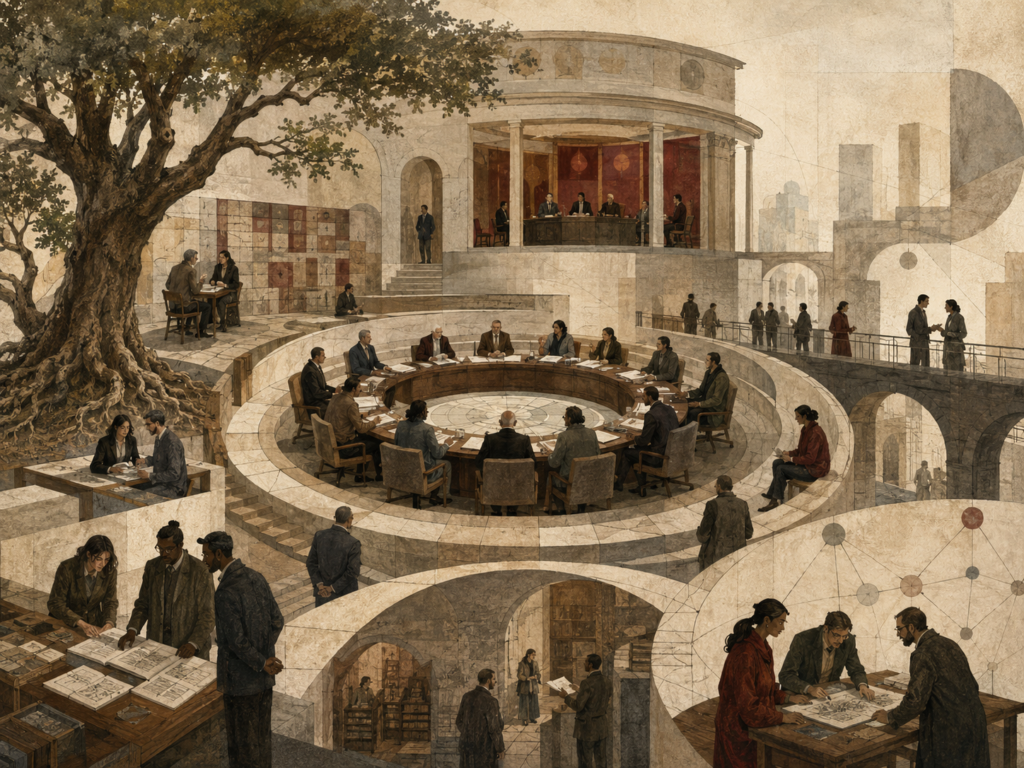 Restrained institutional illustration of leaders, deliberation councils, civic architecture, archives, rooted trees, and advisory spaces representing authority, power, and institutional legitimacy.