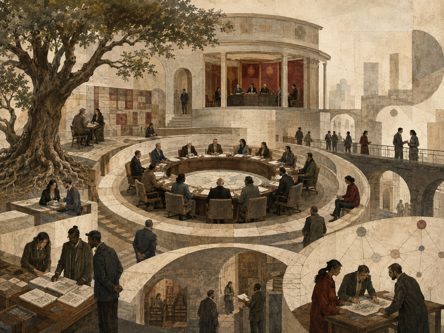 Restrained institutional illustration of leaders, deliberation councils, civic architecture, archives, rooted trees, and advisory spaces representing authority, power, and institutional legitimacy.