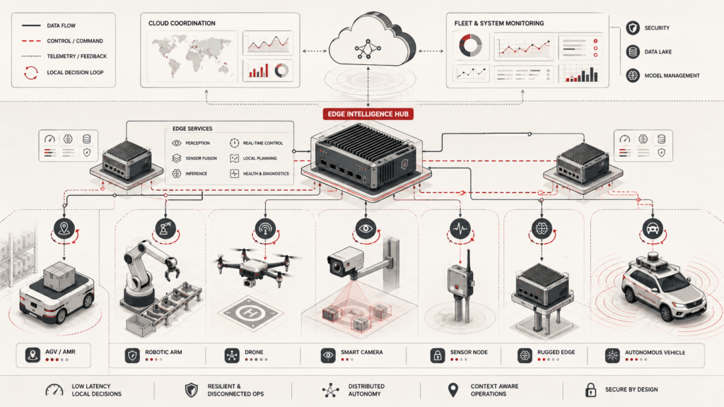 Edge intelligence architecture connecting autonomous vehicles, drones, robotic arms, smart cameras, sensor nodes, rugged edge computers, and cloud monitoring.