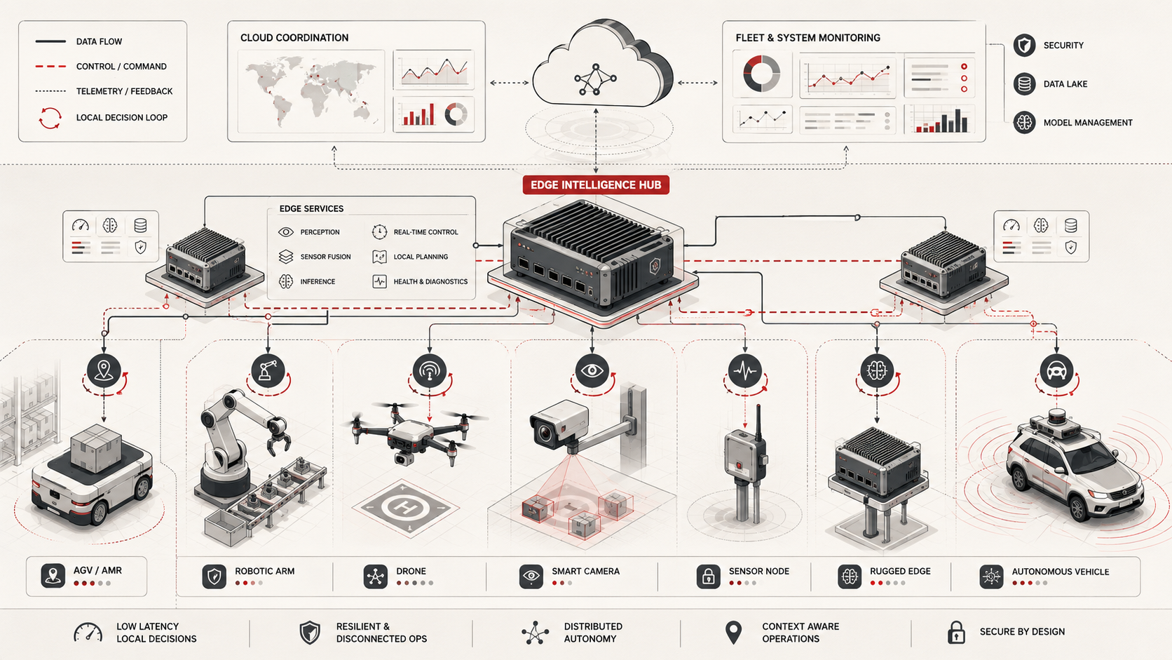 Edge intelligence architecture connecting autonomous vehicles, drones, robotic arms, smart cameras, sensor nodes, rugged edge computers, and cloud monitoring.