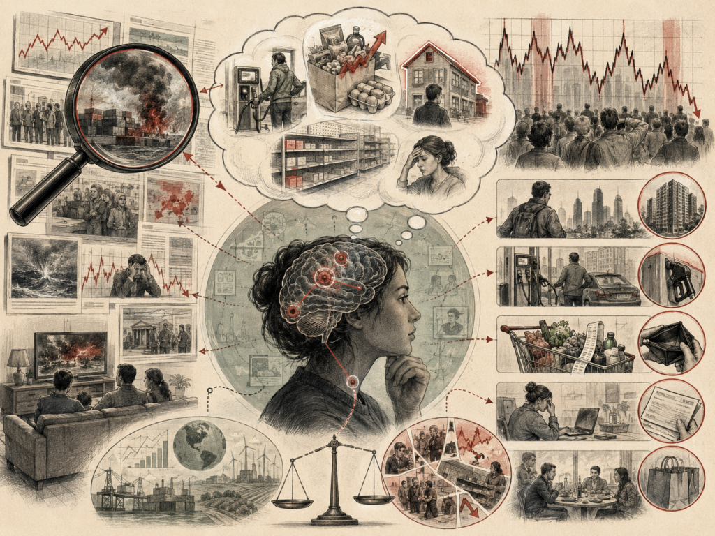 Editorial systems illustration showing availability bias shaping economic perception through vivid news events, market charts, price concerns, memory, risk perception, household finance, and public anxiety.