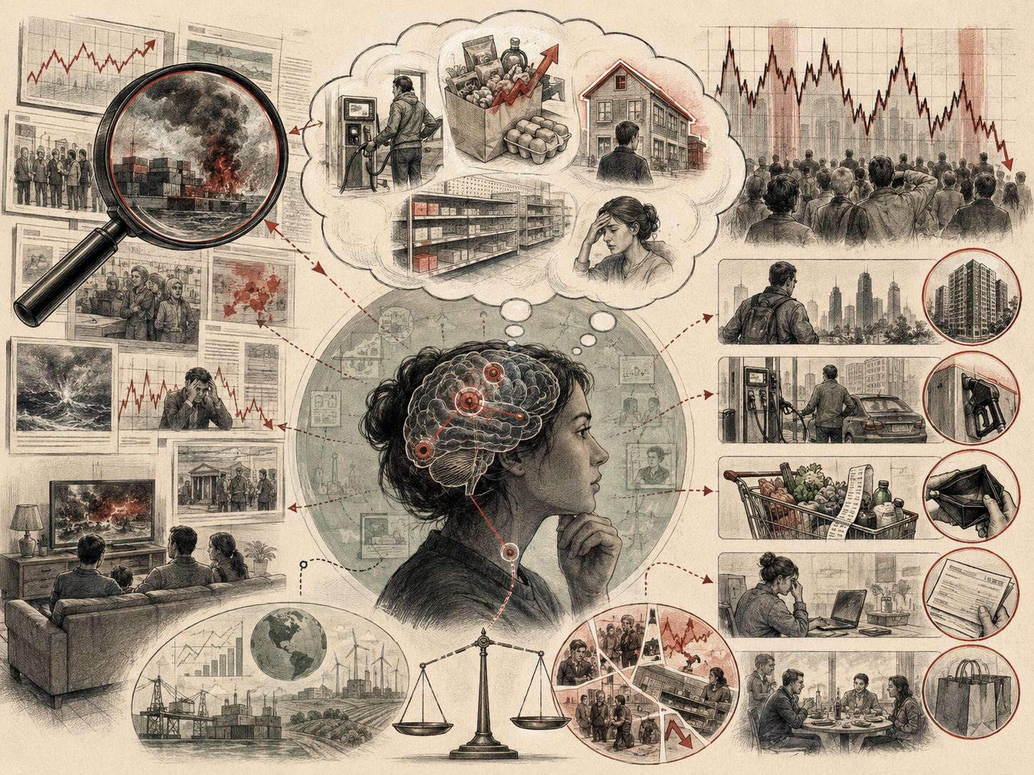 Editorial systems illustration showing availability bias shaping economic perception through vivid news events, market charts, price concerns, memory, risk perception, household finance, and public anxiety.