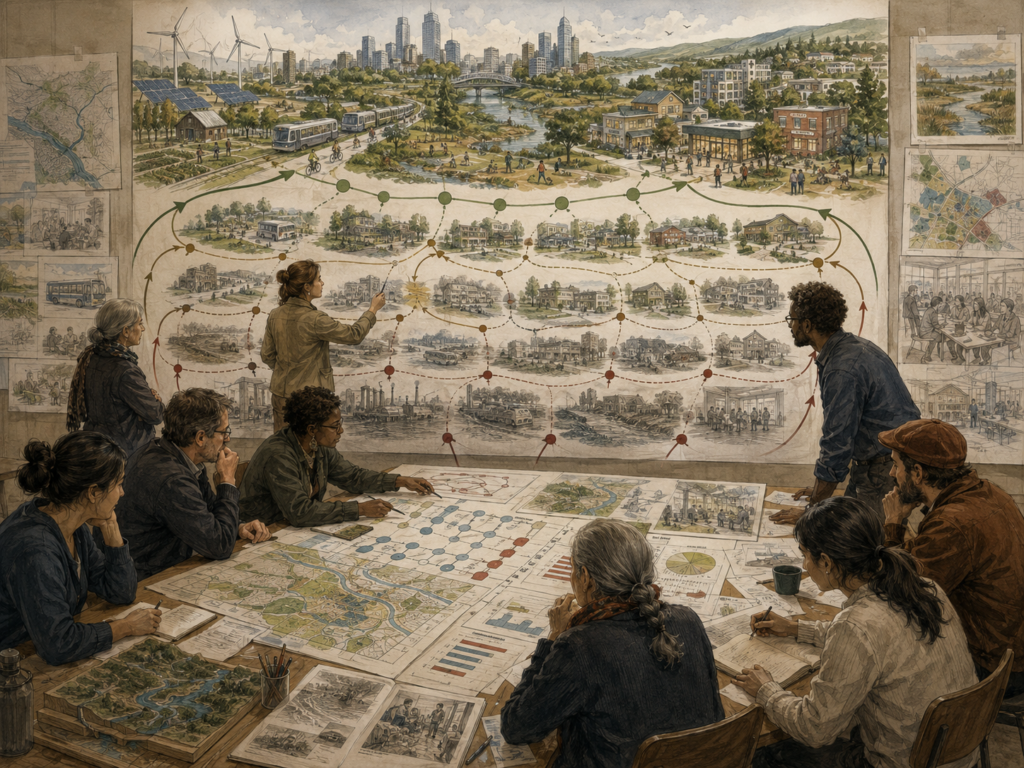 A diverse planning group works backward from a desired future to map strategic steps across infrastructure, communities, ecology, and public systems.
