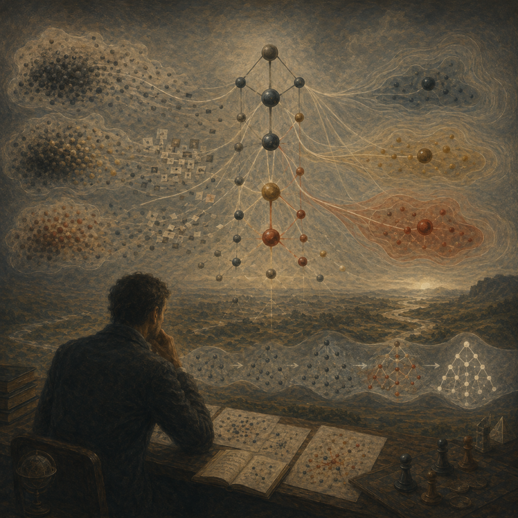 Painterly editorial illustration of Bayesian decision-making with evolving probability clouds, evidence fragments, weighted nodes, branching belief structures, and a reflective analyst updating judgments under uncertainty.