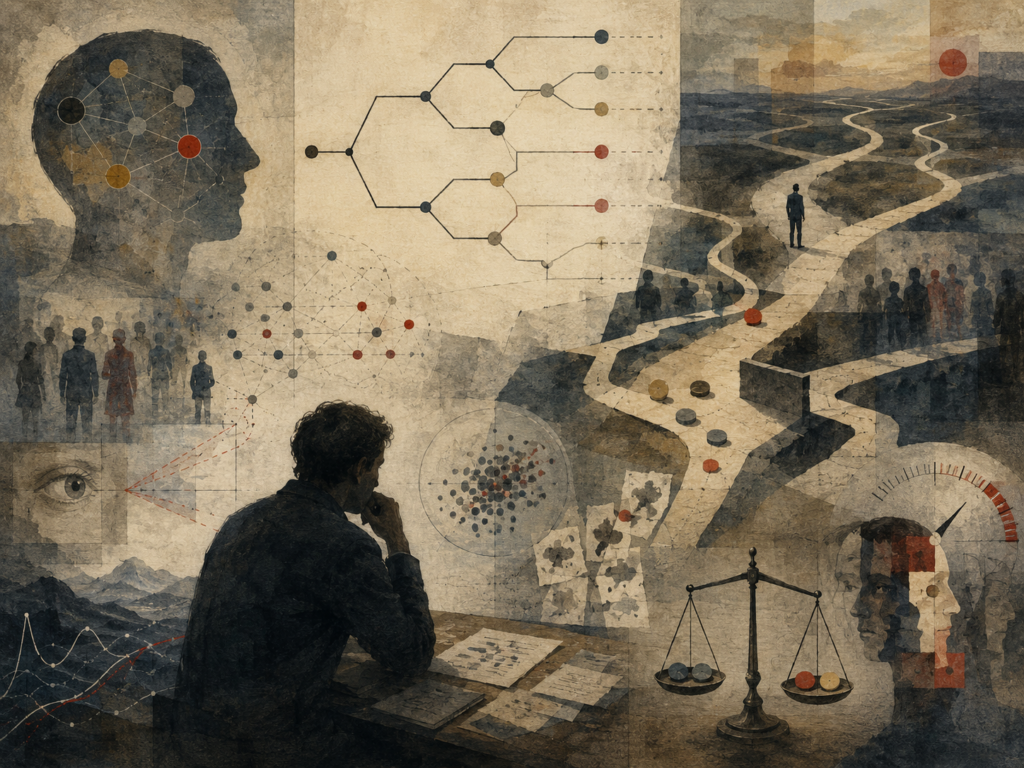 Painterly editorial illustration of behavioral decision theory with a reflective analyst, cognitive pathways, social silhouettes, branching choices, distorted perception, tradeoff scales, and uncertainty markers.