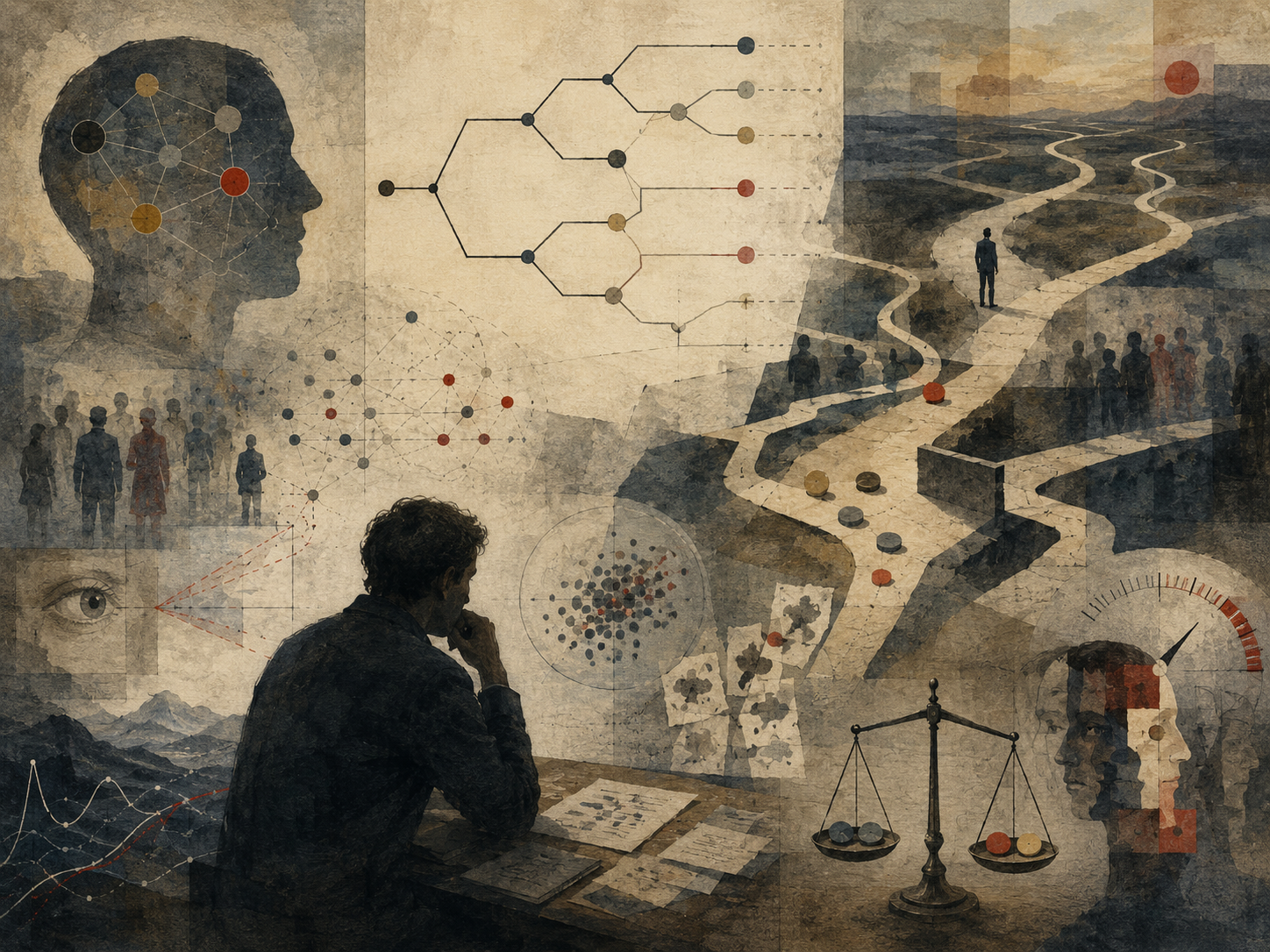 Painterly editorial illustration of behavioral decision theory with a reflective analyst, cognitive pathways, social silhouettes, branching choices, distorted perception, tradeoff scales, and uncertainty markers.