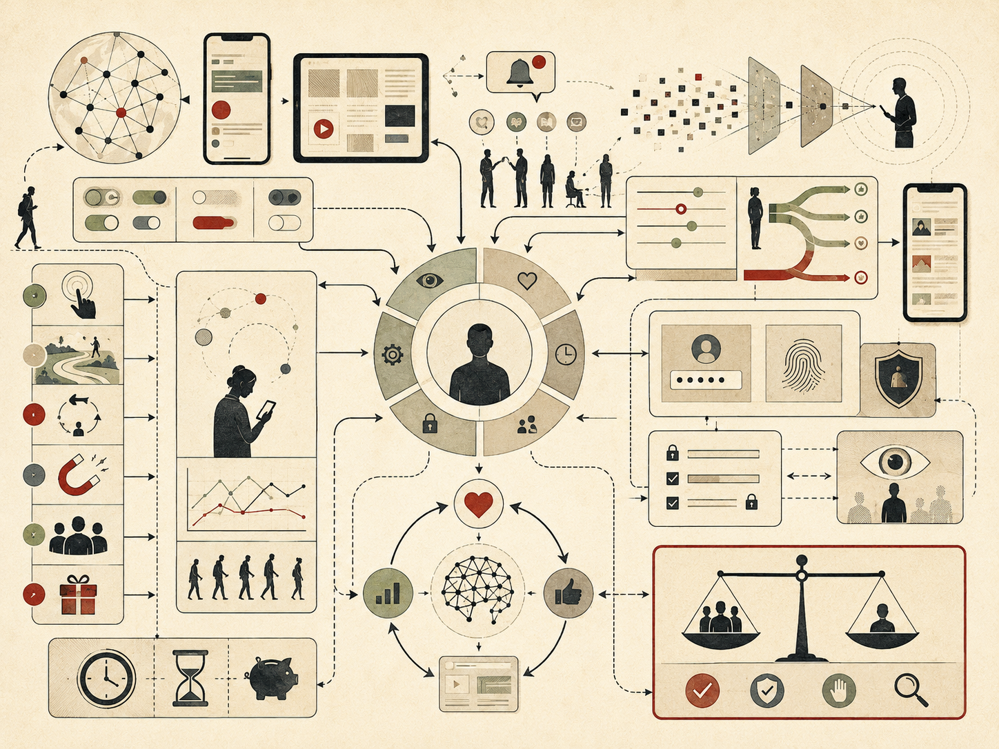 Editorial systems illustration showing behavioral design in technology systems through interfaces, nudges, incentives, attention flows, privacy controls, feedback loops, user choice, and governance safeguards.