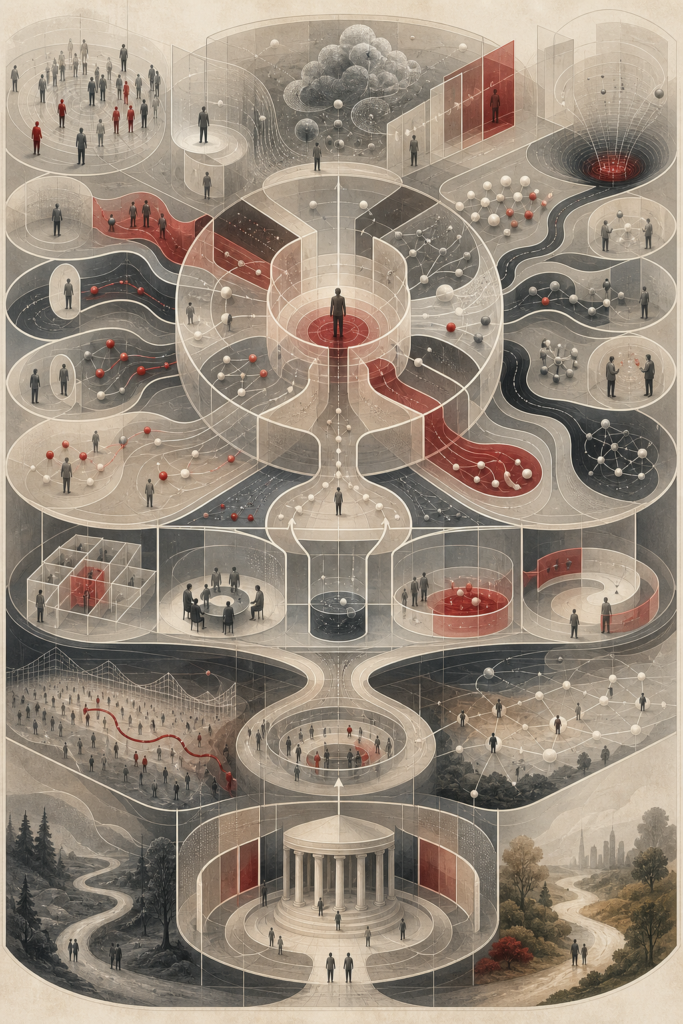 Editorial scientific illustration of behavioral economics as a decision systems architecture, showing bounded rationality, incentives, risk perception, framing effects, loss aversion, heuristics, time discounting, social influence, choice architecture, markets, policy systems, and sustainability pathways.