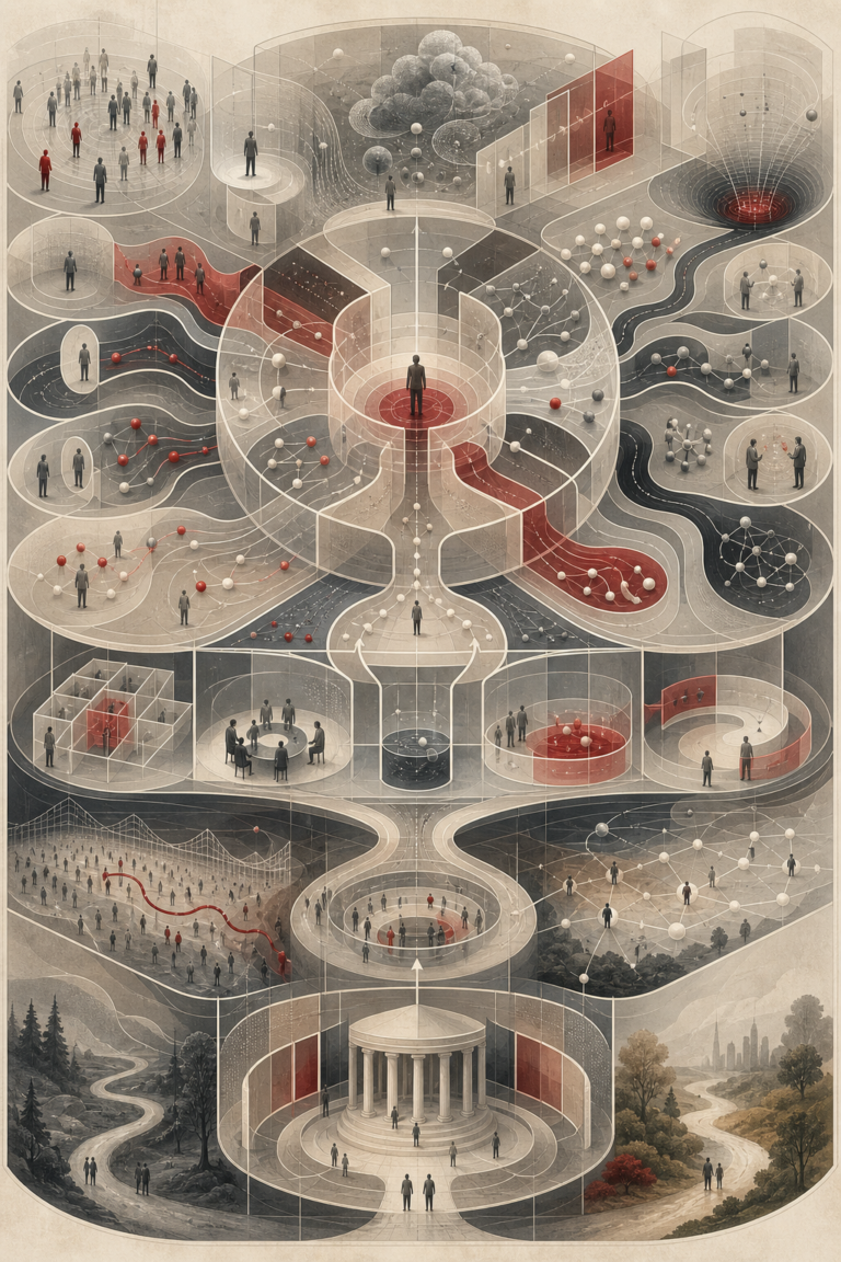 Editorial scientific illustration of behavioral economics as a decision systems architecture, showing bounded rationality, incentives, risk perception, framing effects, loss aversion, heuristics, time discounting, social influence, choice architecture, markets, policy systems, and sustainability pathways.