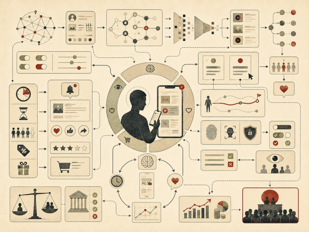 Editorial systems illustration showing how algorithms, digital interfaces, notifications, rankings, defaults, recommendations, incentives, privacy controls, and platform governance shape user decision-making.