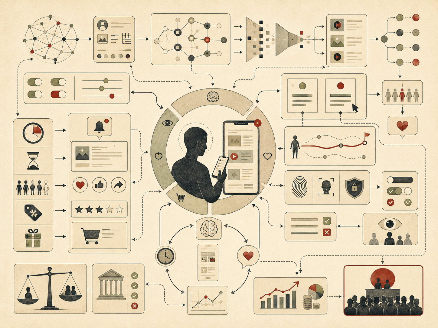 Editorial systems illustration showing how algorithms, digital interfaces, notifications, rankings, defaults, recommendations, incentives, privacy controls, and platform governance shape user decision-making.