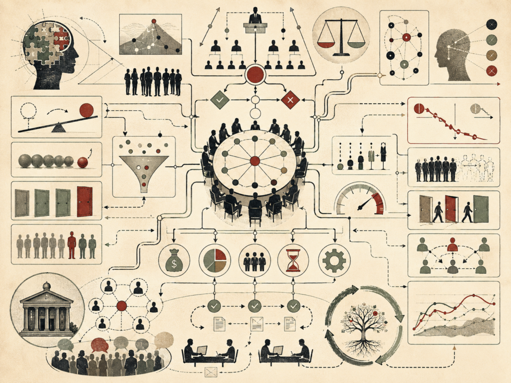 Editorial systems illustration showing organizational decision-making shaped by cognitive bias, incentives, hierarchy, group dynamics, feedback loops, risk perception, and institutional design.