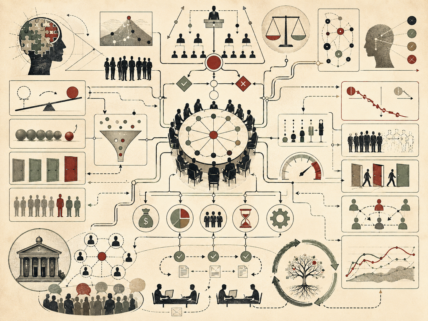 Editorial systems illustration showing organizational decision-making shaped by cognitive bias, incentives, hierarchy, group dynamics, feedback loops, risk perception, and institutional design.