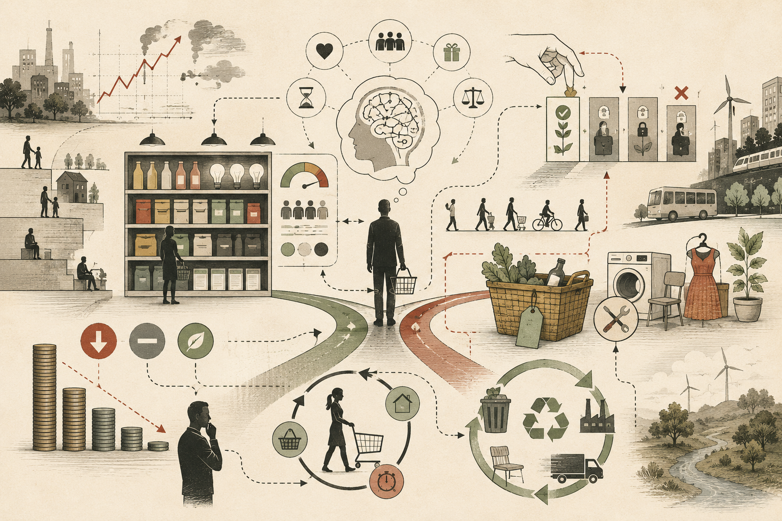 Editorial systems illustration showing sustainable consumption as a behavioral decision environment shaped by incentives, defaults, habits, social norms, pricing, infrastructure, reuse, and environmental feedback loops.