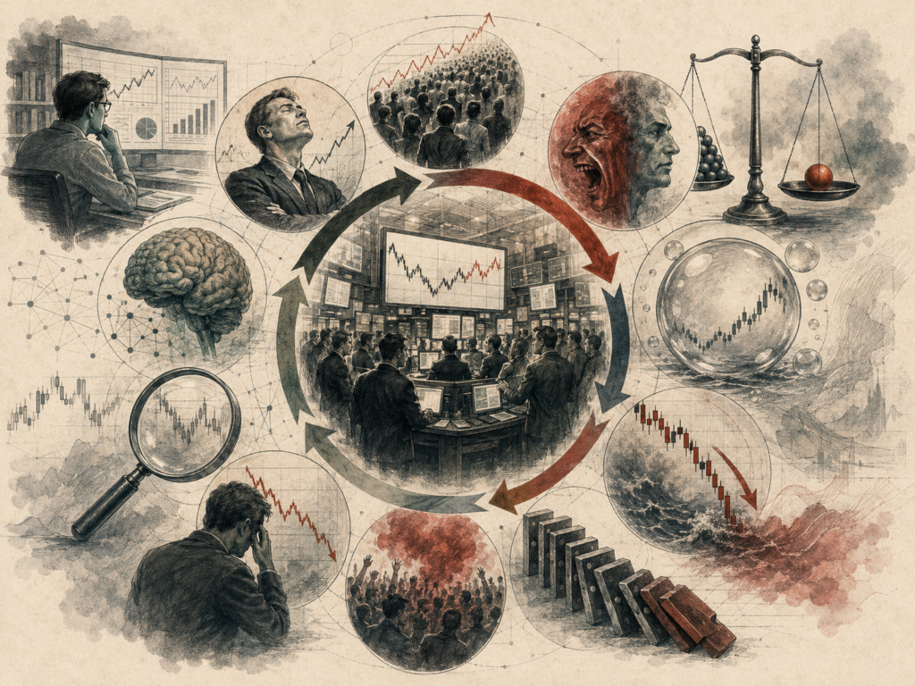 Editorial behavioral finance illustration showing investors, market charts, emotional reactions, bubbles, crashes, cognitive bias, herd behavior, and feedback loops in financial decision-making.