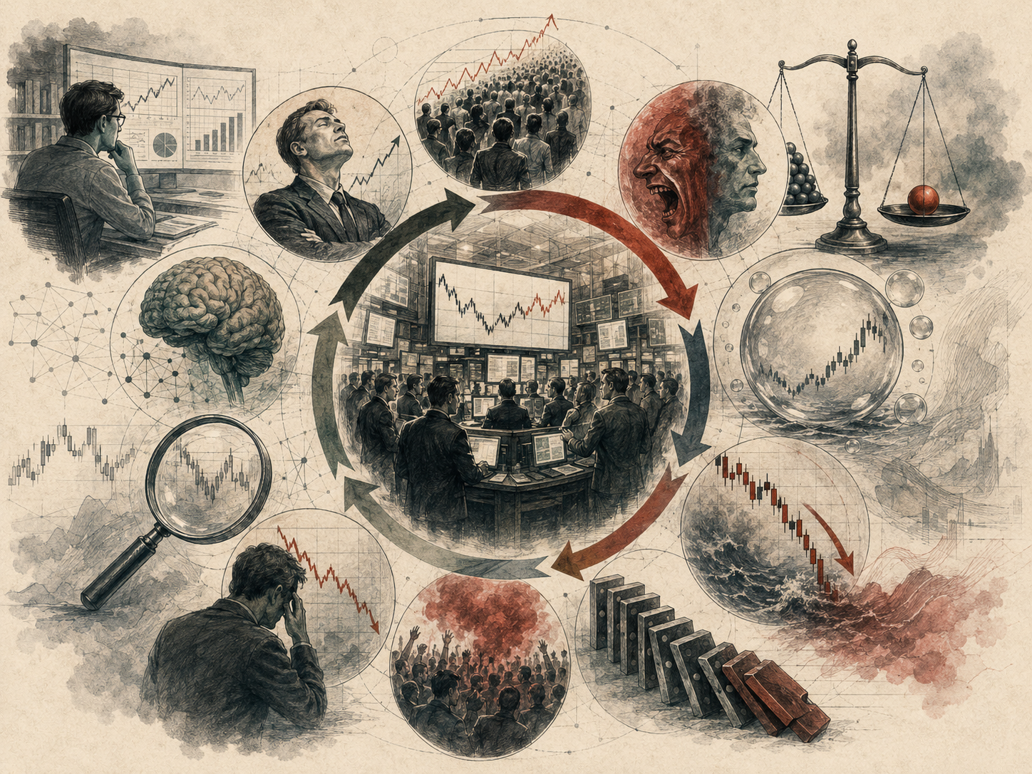 Editorial behavioral finance illustration showing investors, market charts, emotional reactions, bubbles, crashes, cognitive bias, herd behavior, and feedback loops in financial decision-making.