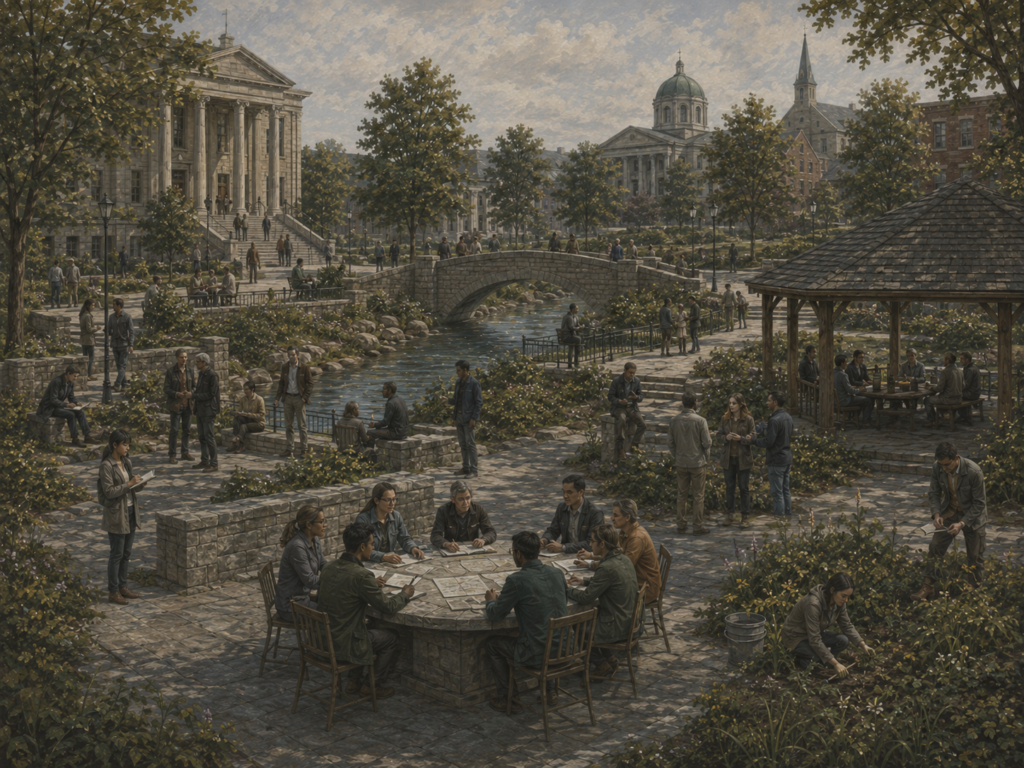 Restrained civic illustration of people deliberating, observing, cooperating, and maintaining public spaces near institutional buildings, gardens, bridges, and a stream.