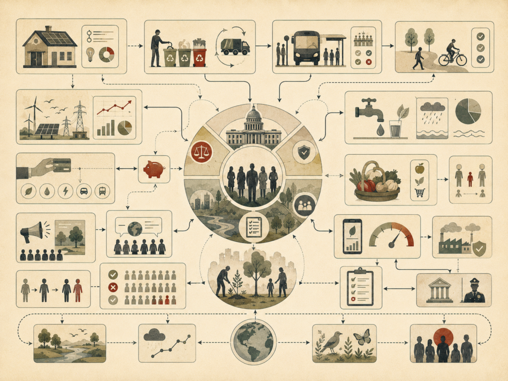 Editorial systems illustration showing environmental policy shaped by behavioral insights, public institutions, household choices, infrastructure, incentives, social norms, feedback loops, and ecological outcomes.