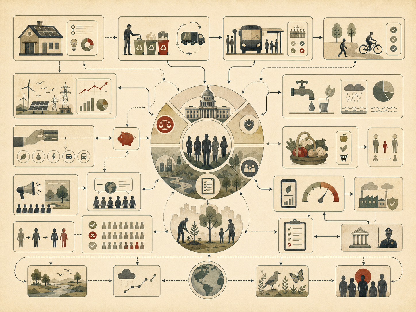 Editorial systems illustration showing environmental policy shaped by behavioral insights, public institutions, household choices, infrastructure, incentives, social norms, feedback loops, and ecological outcomes.