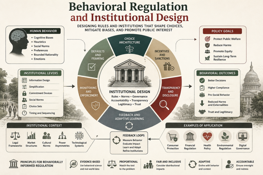 Editorial infographic showing behavioral regulation and institutional design through choice architecture, incentives, transparency, enforcement, feedback loops, public welfare, compliance, legitimacy, and adaptive governance.