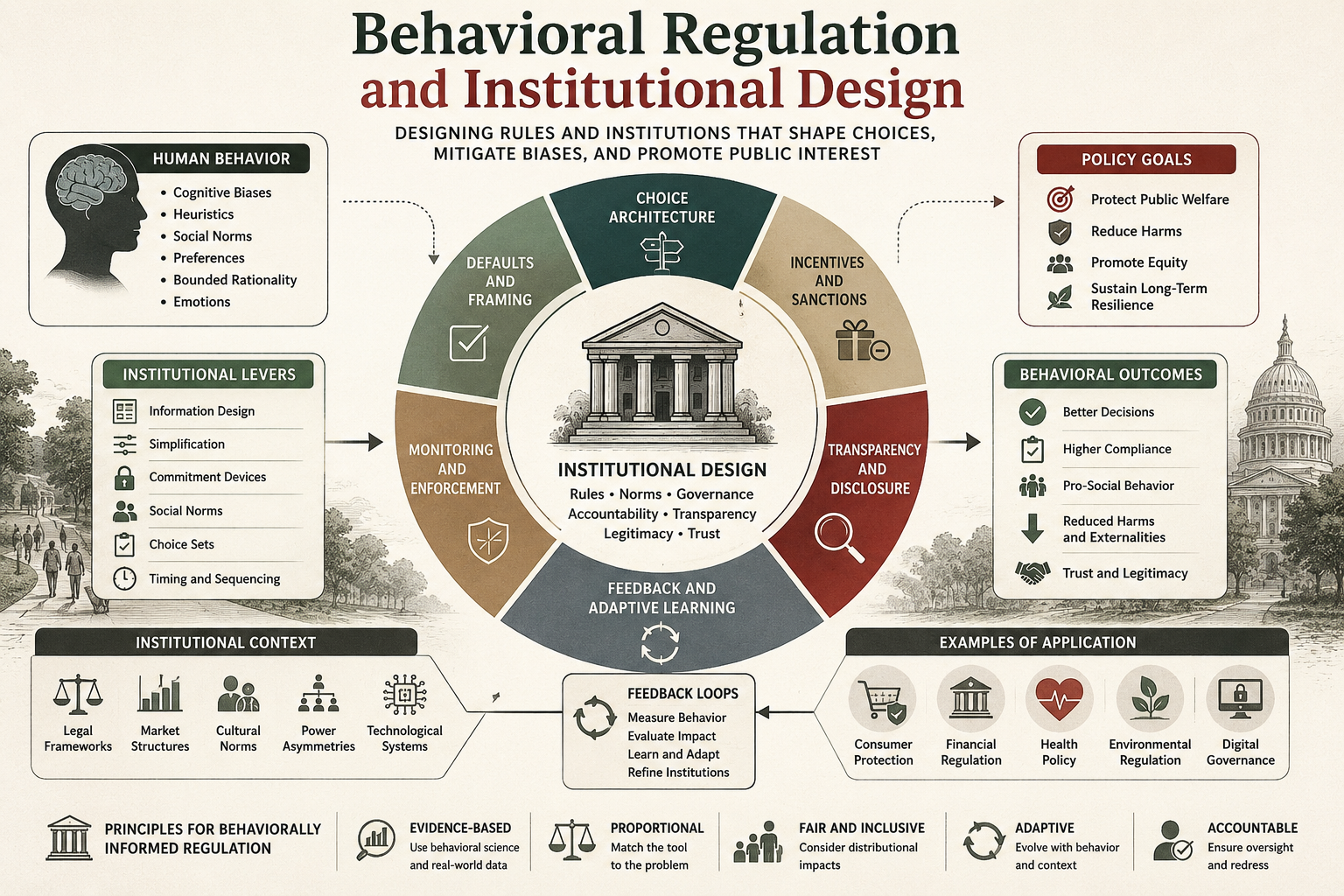 Editorial infographic showing behavioral regulation and institutional design through choice architecture, incentives, transparency, enforcement, feedback loops, public welfare, compliance, legitimacy, and adaptive governance.