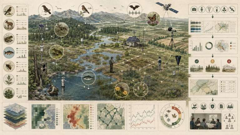 Biodiversity monitoring diagram showing species observations, habitat sensors, field researchers, ecological indicators, conservation planning, restoration, and accountability pathways.