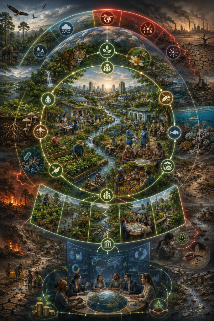 Abstract sustainability illustration of biosphere integrity and human development, showing biodiversity, ecosystem function, food and water systems, pollination, soil fertility, ecological resilience, planetary boundaries, restoration, justice, and long-run wellbeing.