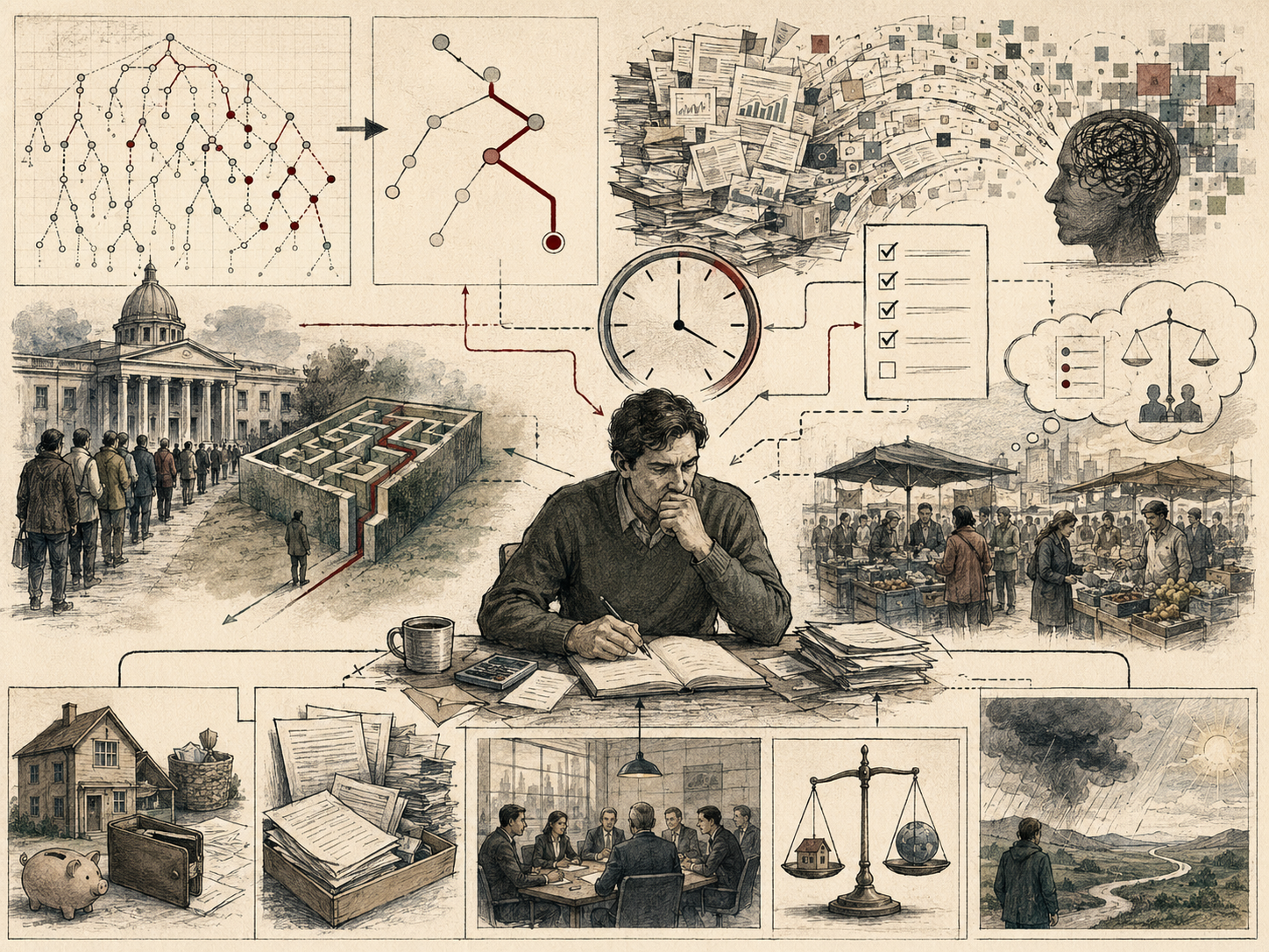 Editorial systems illustration showing bounded rationality through cognitive limits, information overload, time pressure, institutional constraints, decision trees, queues, markets, and simplified choice pathways.