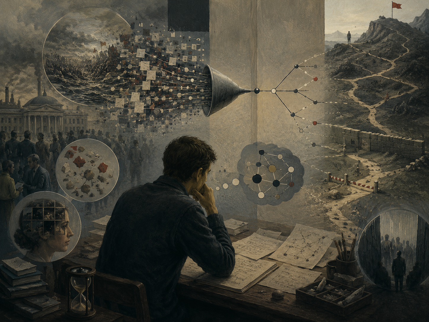 Painterly editorial illustration of bounded rationality with a reflective decision-maker, filtered information, constrained pathways, cognitive limits, uncertainty, social context, and branching choices.