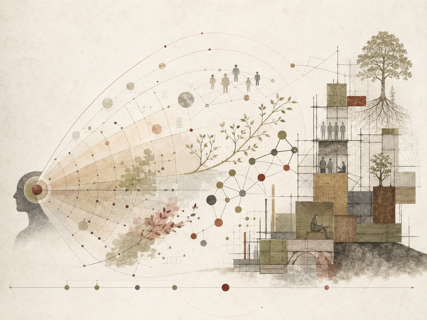Restrained academic illustration of a human profile, expanding attention arcs, social network pathways, branching growth forms, and scaffolded resource structures representing broaden-and-build theory.