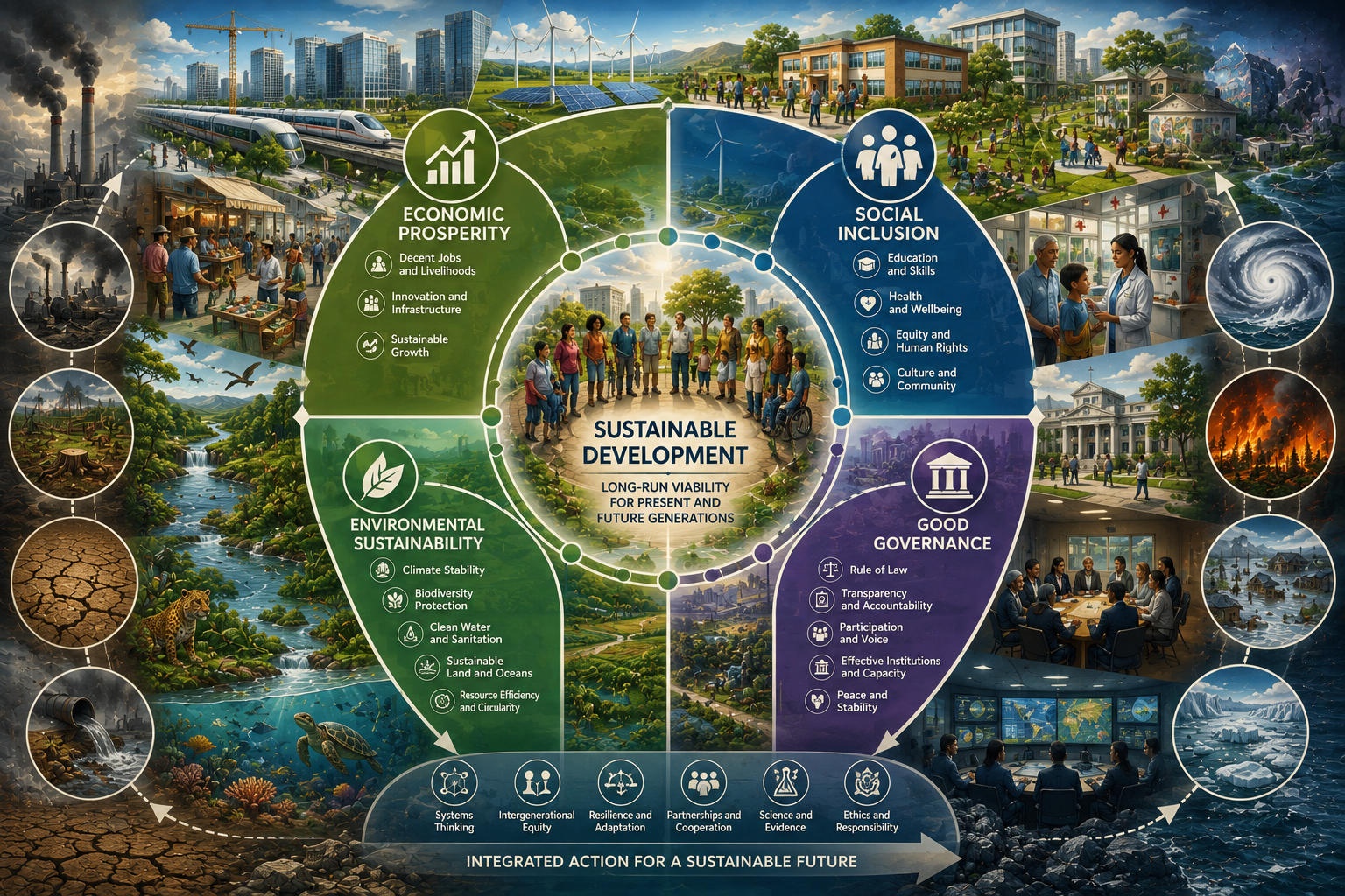 Conceptual illustration of the Brundtland definition of sustainable development, showing present needs, future generations, economic prosperity, social inclusion, environmental sustainability, good governance, ecological limits, and long-run viability.