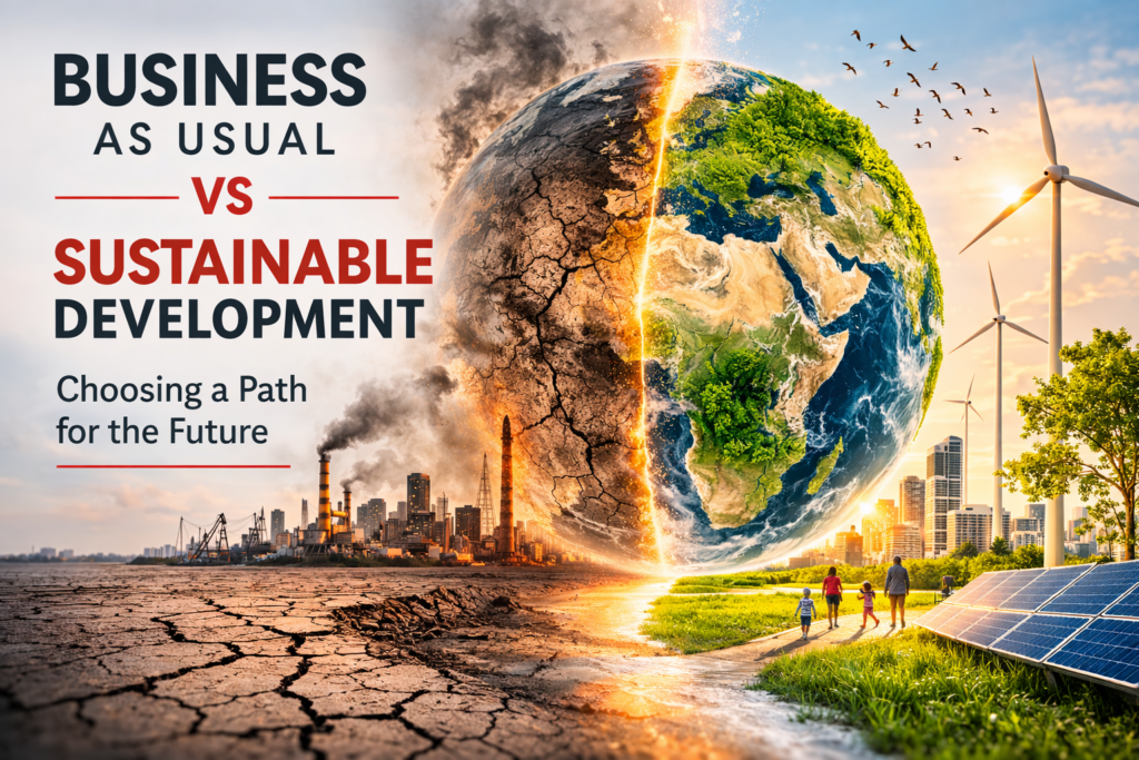 Business as usual vs sustainable development comparison showing unsustainable growth, carbon emissions, and inequality contrasted with renewable energy, environmental protection, and inclusive prosperity.