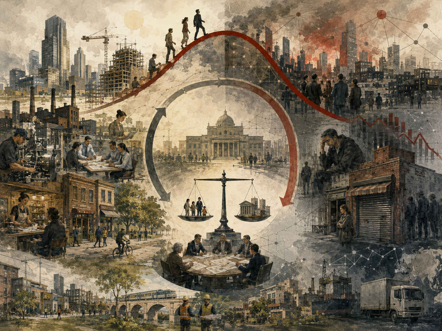 Painterly illustration of business cycles, showing economic expansion, recession, factories, cities, shuttered storefronts, public institutions, policy meetings, workers, households, and cyclical economic pathways.