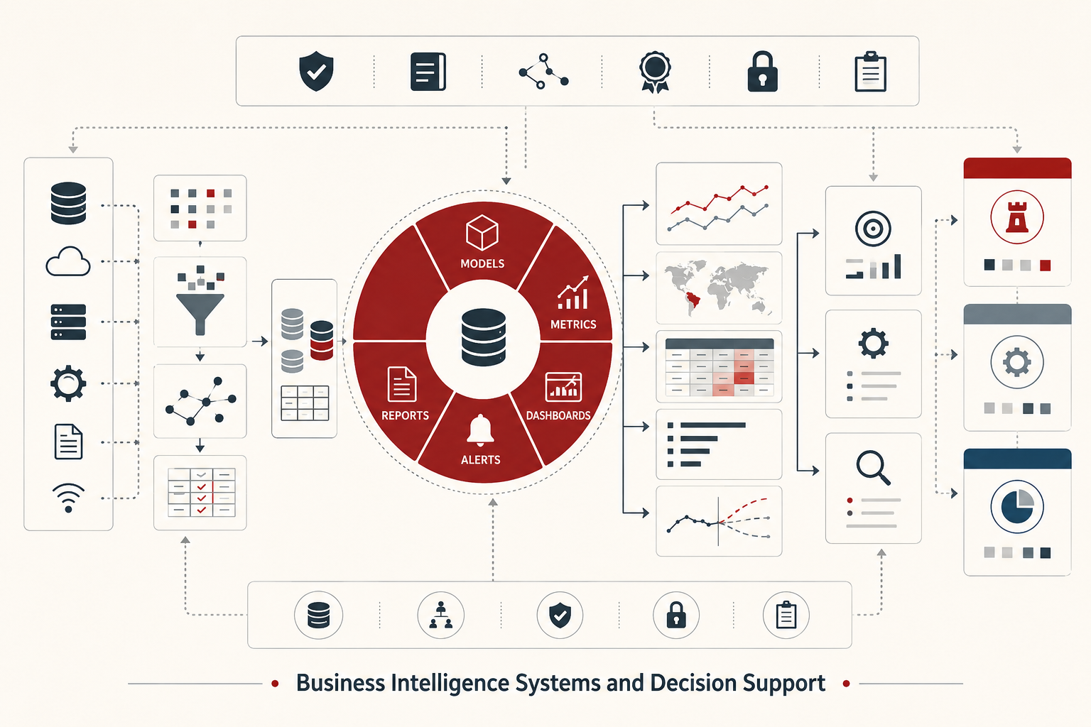 Conceptual business intelligence illustration showing data sources, metrics, models, reports, dashboards, alerts, governance controls, and decision-support outputs connected through an analytical system.