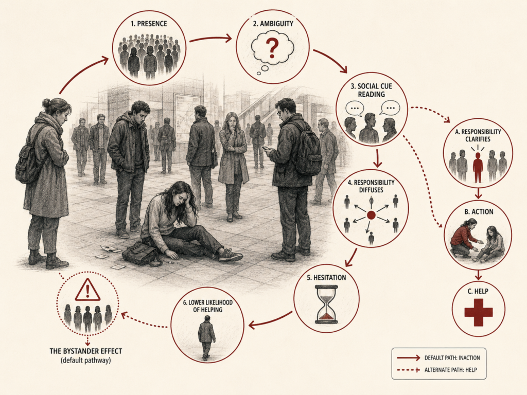 Restrained institutional research illustration showing the bystander effect as a social-psychological process in which group presence, ambiguity, social cue reading, responsibility diffusion, and hesitation reduce the likelihood of helping behavior.