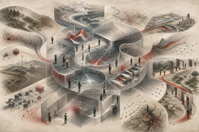 Editorial scientific illustration of calculus for systems modeling as a continuous-change architecture, showing dynamic pathways, accumulation basins, derivative-like curves, feedback loops, gradient fields, spatial flows, simulation tracks, sensitivity branches, ecological systems, climate feedback, infrastructure networks, epidemiological spread, sustainability transitions, and responsible model interpretation.