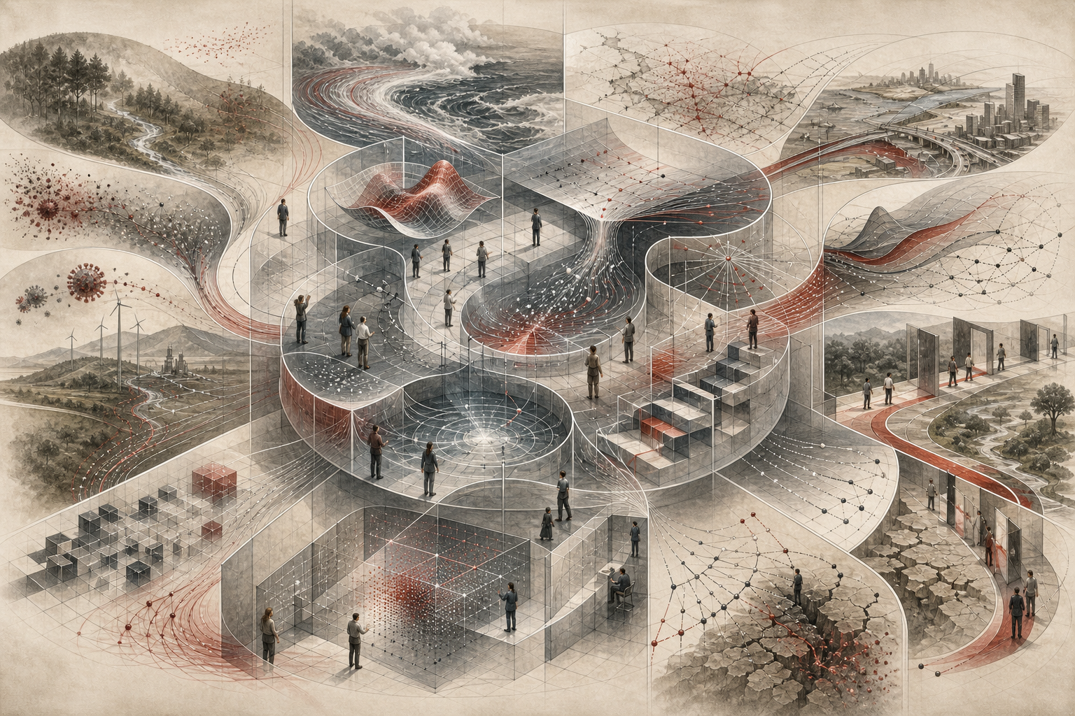 Editorial scientific illustration of calculus for systems modeling as a continuous-change architecture, showing dynamic pathways, accumulation basins, derivative-like curves, feedback loops, gradient fields, spatial flows, simulation tracks, sensitivity branches, ecological systems, climate feedback, infrastructure networks, epidemiological spread, sustainability transitions, and responsible model interpretation.