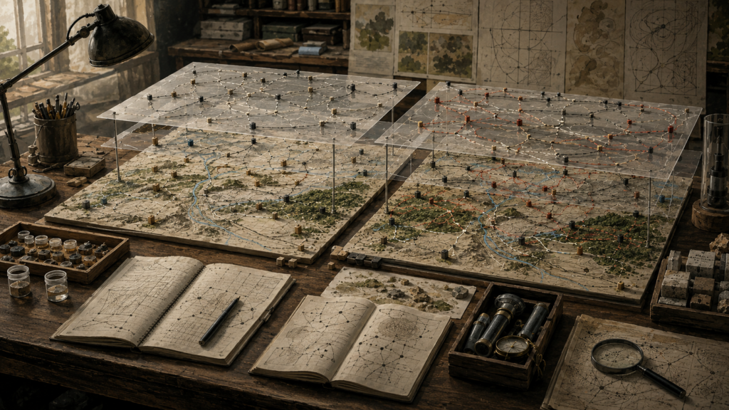 Two layered systems models on a research table with maps, translucent planes, network pathways, movable markers, field notebooks, instruments, sample trays, and comparison materials.